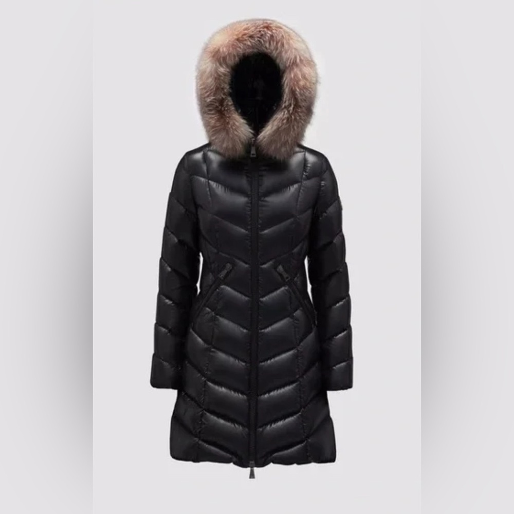 Black Fulmarus Fur-Trim Hood Chevron Puffer Coat Size 4